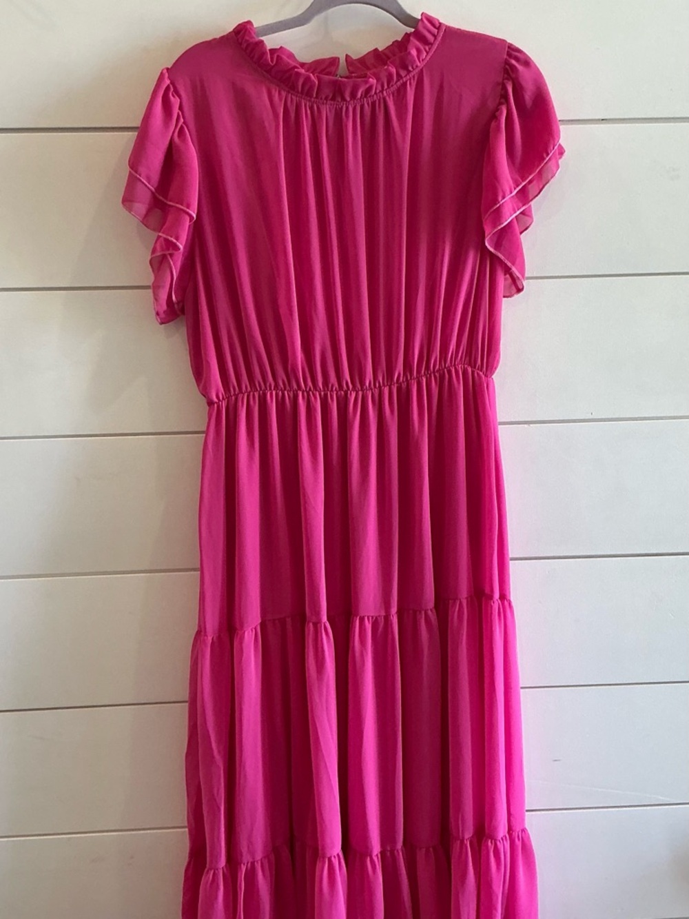Women's Tiered Flutter Sleeve Maxi Dress in Hot Pink